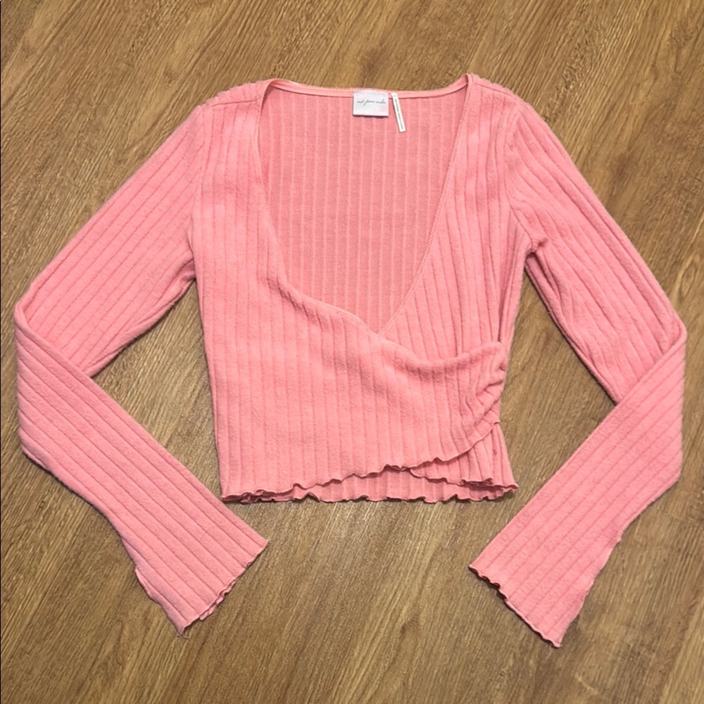 Urban Outfitters Medium Pink Ribbed Wrap Top Cropped Lettuce Trim Sweater